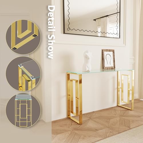 Glass Console Table, Modern 47.2'' Entryway Table, Glass Top with Stainless Steel Base, Metal Hallway Narrow Sofa Table Suitable for Entrance, Living Room(Gold) Sunitar
