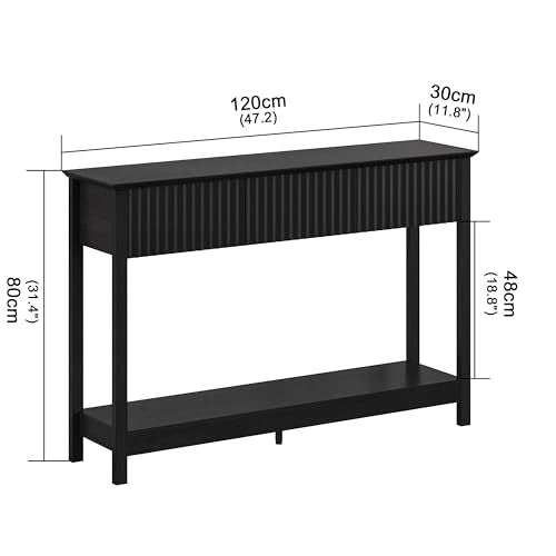 Treocho 47" Fluted Console Table with 3 Drawers, Narrow Long Entryway Table with Storage and Shelf, 2-Tier Sofa Table Behind Couch Accent Tables for Entrance Foyer, Hallway, Living Room, Black Treocho
