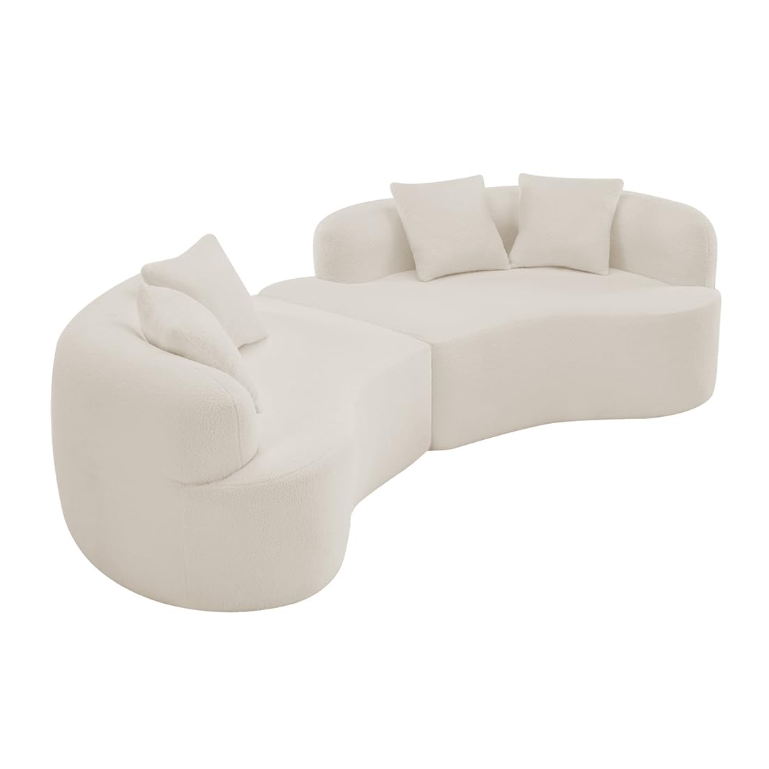 wellzoo Modern Curved 4-Seater Sofa, 106.7 inch Wide, Teddy Velvet Fabric, White wellzoo