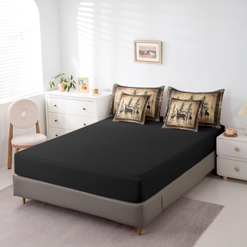 Erosebridal Rustic Deer Comforter Set 7 Piece Farmhouse Cabin Bed in A Bag King Western Woodland Wildlife Bedding Comforter Sets for Kids Boys Adults Men Black Retro Country Animal Bed Set Erosebridal