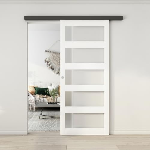 BARNSMITH 32in x 80in Glass Barn Door Slab,5-Panel Frosted Glass Solid Wood Slab with Water-Proof PVC Surface,No Pre-drilled Holes,Door Panel Only,White BARNSMITH