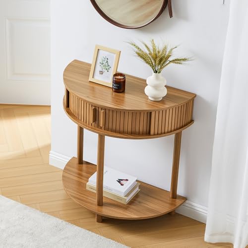 Entryway Table, Half Moon Fluted Console Tables with Storage, Mid Century Modern Small Half Round Sofa Tables for Hallway, Narrow Curved Accent Decor Table for Living Room (Mid-Century Modern, Walnut) Janmer Home