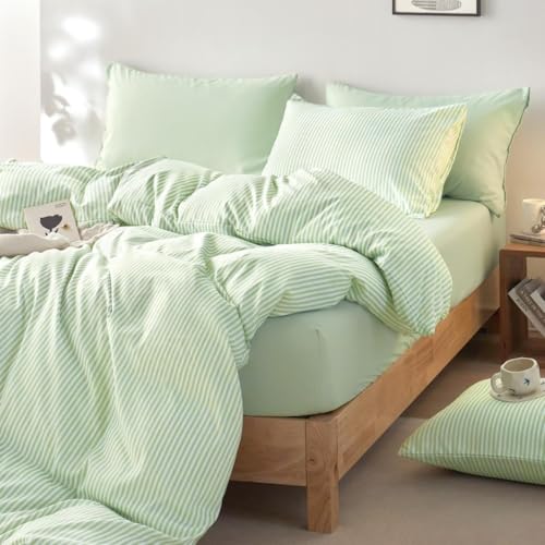 Wake In Cloud - Striped Comforter Set, Ticking Stripe Vertical Pinstripe Neutral Farmhouse Pattern Printed, Soft Lightweight Bedding, 3 Pieces, Sage Green, Twin/Twin XL Size Wake In Cloud