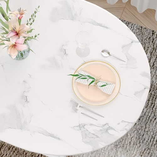 VECELO 3-Piece Dining Table Set for Kitchen Breakfast Nook, Faux Marbled Oval Tabletop and Metal Frame with Built-in Wine Rack, for Small Spaces, White VECELO