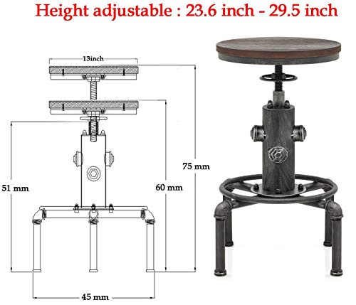 Topower Industrial Barstool,13" Solid Wood, Adjustable Height 23.6"-29.5", Counter Stool, Kitchen Cafe Pub Bar Stool, Set of 2, Silver Topower