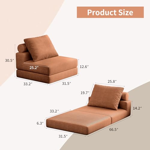 Lumbershed Folding Sofa Bed, 3-in-1 Convertible Sleeper Chair Bed with Pillows, Foldable Floor Couch with High-Density Foam, Futon Small Boneless Couch for Living Room Bedroom Lounge, Single, Brown Lumbershed
