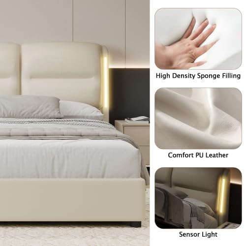 anwickjeff Murphy Bed Queen with Hydraulic Storage System, LED Light and USB Ports, Lift Up Storage Bed Frame Queen Size with Soft Headboard,Modern Queen Upholstered Bed, No Box Spring Needed (Beige) anwickjeff