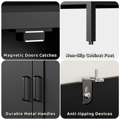 Cozy Castle Litter Box Enclosure with 2 Storage Shelves and 2 Doors, Hidden Cat Litter Box Enclosure Furniture with Shelf, Indoor Cat House Furniture for Most of Litter Box, Black Cozy Castle