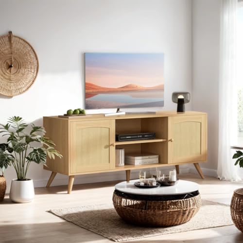 DIYART Oak TV Stand for 60 Inch TV, Wooden Mid Century Modern Entertainment Center with Natural Rattan Door, Boho Media TV Console for Living Room DIYART