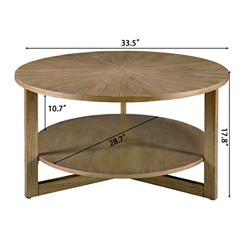 LEEMTORIG Round Wooden Coffee Table Living Room, 2-Tier Circle Round Coffee Table with Storage, Farmhouse Solid Wood Coffee Table, Yellowish Brown, KFZ-3338 LEEMTORIG