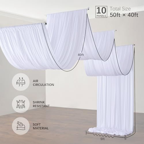 50ftx40ft White Ceiling Curtain for Wedding Parties – 10 Panels Wrinkle-Free 40 FT Long Tent Draping Curtains for Wedding, Birthday & Theme Parties, 40ft Height with Rod Pocket Party Village