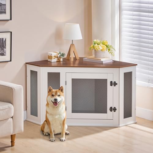 MAHANCRIS Corner Dog Crate Furniture, Wooden Dog Kennel End Table, Decorative Pet Crate Indoor Use, Furniture Style Dog House for Small Medium Dog, Dog Cage TV Stand, White and Walnut DCBA0801 MAHANCRIS