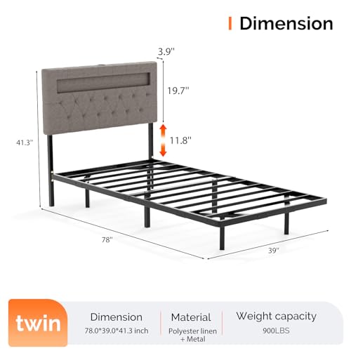 VINGLI Twin Floating Bed Frame with Upholstered Headboard,Charging Station/LED Lights, Modern Platform Bed,Heavy Duty Metal Bed Frame,Adjustable Headboard, No Box Spring Needed, Easy Assembly,Grey VINGLI