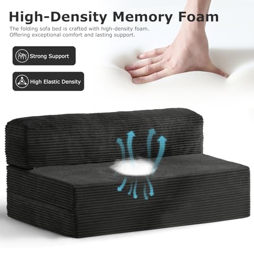 NLDD Folding Futon Sofa Bed Full Size, 6 inch Convertible Floor Couch Bed with Removable Corduroy Cover, Pull Out Couch for Small Spaces High-Density Foam,Black NLDD