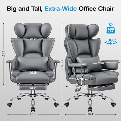 ALLGOD Office Chair Comfy, Big and Tall Executive Leather Chair, High Back Ergonomic Wide Chair with Footrest, Reclining Computer Desk Chair, Heavy Duty Gaming Chair with Padded Arm and Pillow, Grey ALLGOD