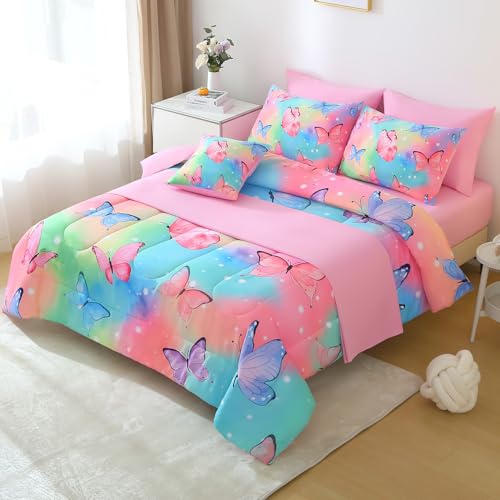 JQinHome 6 Pc Twin Rainbow Butterfly Comforter Set - 3D Butterfly Design Butterflies Bedding with Sheet Sets Bed in A Bag for Girls Kids Teens (Rainbow) JQinHome