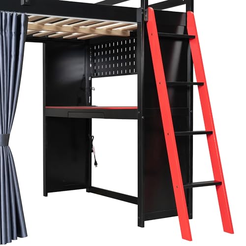 Gaming Loft Bed with Desk & Storage Shelves & Wardrobe & RGB Lighting,Full Size Wood Loft Bed Frame with Guardrail,DIY Pegboard,Curtains and Ladder,Esports Design for PC & Console Gamers,Black Red Harper & Bright Designs