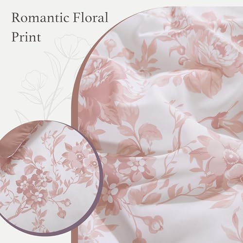 BLOOMHAVEN Full Comforter Set -7 Pieces Pink Floral Comforter Set for All Seasons, Bed in a Bag Full with Botanical Flowers Comforter, Sheets, Pillowcases & Shams BLOOMHAVEN