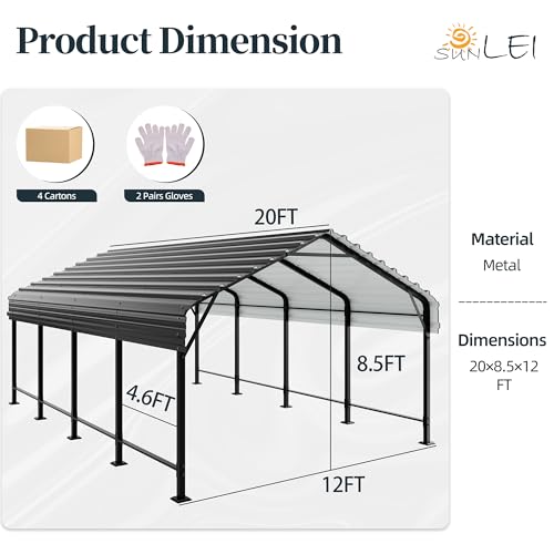 SUNLEI 12X20 FT Carport, Heavy Duty Carport Canopy with Galvanized Steel Roof and Frame, Metal Carport Upgraded Extra Large Garage for Pickup, Boat, Car and Tractors SUNLEI