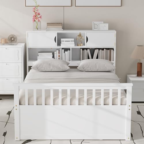 Merax Full Size Modern Captain Platform Bed Frame with Storage Shelves, 4 Drawers & Bookcase Headboard, White Merax
