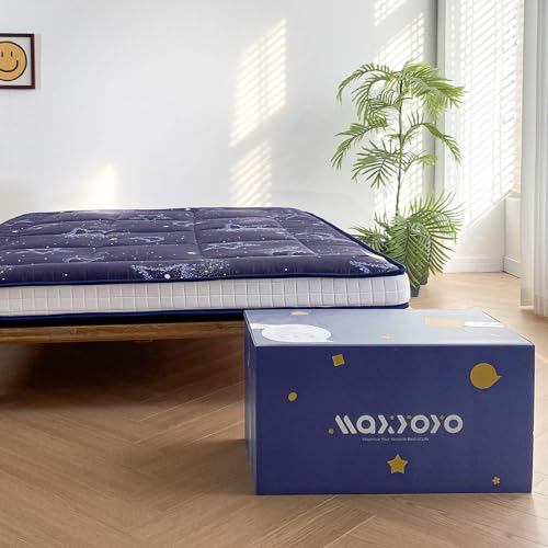 MAXYOYO Japanese Moon and Star Full Size Futon Mattress, Blue, Plush, 54"W x 80"L x 4"H, Foldable, Breathable, Reinforced Support, Moon and Star Pattern, Bedroom, Floor, Guest Room, Tent, Teepee MAXYOYO
