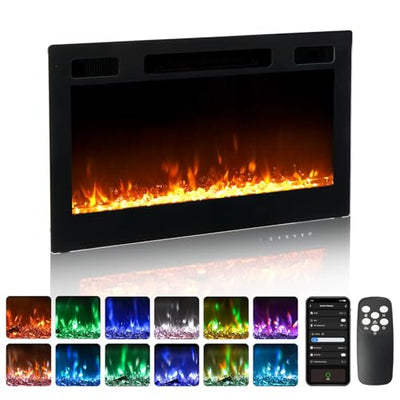 ROVSUN 30'' Electric Fireplace, 2-in-1 Ultra-Thin Wall Mounted & Recessed Fireplace with WiFi & Remote Control & Touch Screen, 1500W Wall Heater with 12 Realistic Flame Color, Timer & Crystal