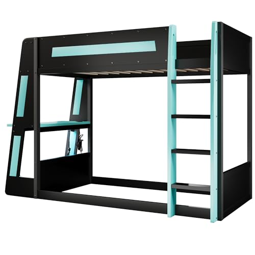 Twin Over Twin Gaming Bunk Bed with Desk and USB and LED Light, Twin Size Wooden Loft Bed Frame with Storage Shelves, Ladder, for Kids Boys Teens Adults, Space Saving (Black+Blue) Harper & Bright Designs