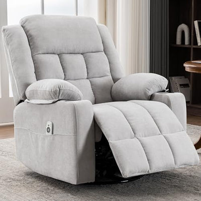 Ketaiyou Power Swivel Rocker Recliner Chair for Adults with Massage and Heat, USB and Type-C Ports, Infinite Position, Electric Glider Reclining Single Sofa Chair for Living Room (Light Grey)