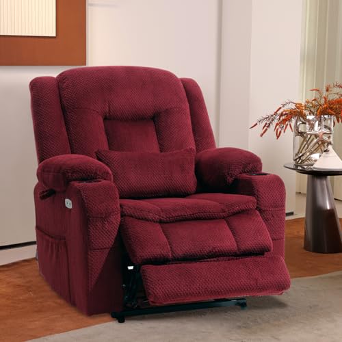 EONIX Lay Flat Power Lift Recliner Chair with Heat and Massage, Dual Motor Electric Lift Chair for Elderly for Postoperative Recovery, 400lbs Heavy Duty, Cup Holders, Lumbar Pillow, Burgundy