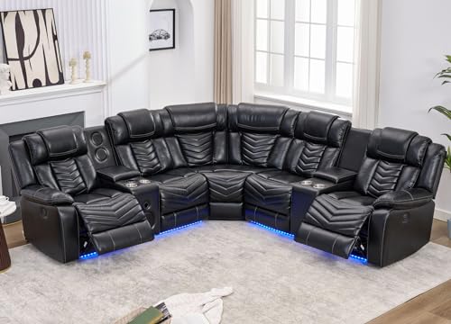 Comfort Stretch Power Recliner Sectional Sofa Couches with Bass Speakers for Living Room, Faux Leather Reclining Corner Sectionals Sofa Couch Sets with LED Light, Electric Theater Recliners Home,Black
