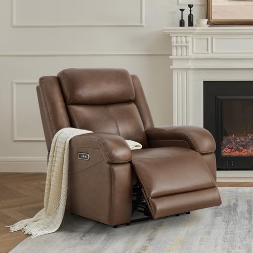 Watson & Whitely Genuine Leather Power Recliner Chairs for Adults, Wall Hugger RV Recliner with Power Headrest & Charging Ports, Electric Recliner Sofa Chair for Living Room, Cafe