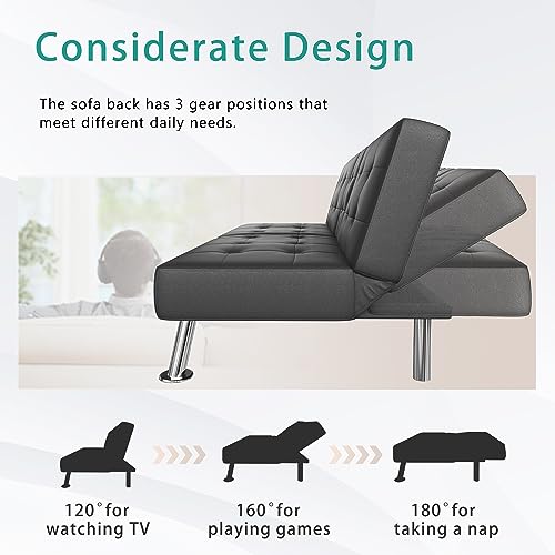 Flamaker Futon Sofa Bed Modern Folding Futon Set Convertible Recliner Lounge for Living Room with 2 Cup Holders, Removable Armrests (PU Leather, Black) Flamaker