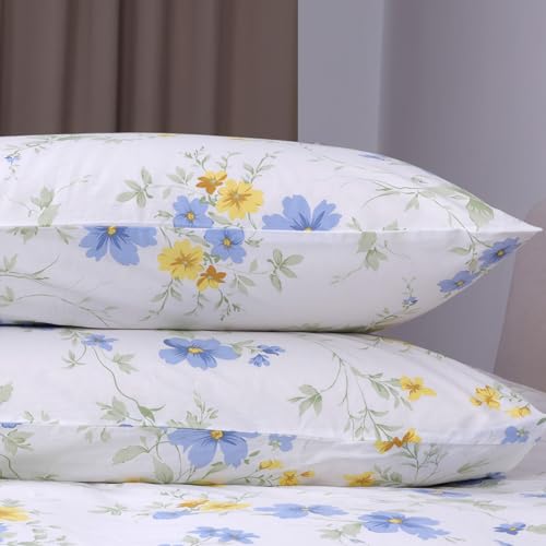 YINFUNG Blue Floral Cotton Duvet Cover Set Full White Yellow Flower Wildflower Cottage Botanical Summer French Country Girls Women Spring All Season Duvet Cover Zipper Aesthetic Bedding Set YINFUNG