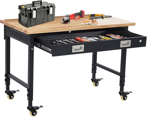 60" Adjustable Workbench with Power Outlet, Heavy Duty 2000 LBS Load Solid Hardwood Garage Work Table for Workshop, Office, Garage, Home with Wheels EcoSummer