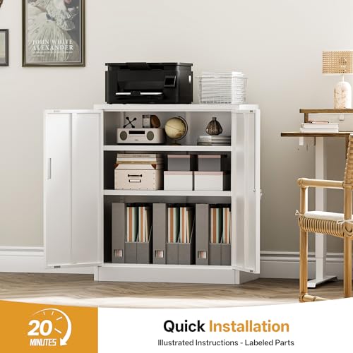 TaskStorz Metal Garage Storage Cabinets,36" Steel File Cabinet with 2 Adjustable Shelves, Lockable Storage Cabinets for Office, Home, Garage, Warehouse 36" H x 32" W x 16" D (White) TaskStorz