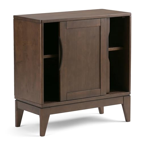 SIMPLIHOME Harper SOLID WOOD 30 inch Wide Mid Century Modern Low Storage Cabinet in Walnut Brown, with Large Space Behind 2 Sliding Notched Handle SIMPLIHOME