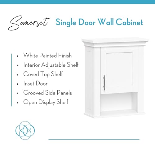 RiverRidge Somerset Single Door Wall Cabinet - Bathroom Medicine Cabinet with Inset Door, Coved Top Shelf, 2 Interior Shelves & Open Display Shelf – Elegant Bathroom Cabinet for Expanded Storage RiverRidge