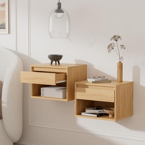MoomJiee Floating Nightstands Set of 2, Mid Century Modern End Table with Drawer and Open Compartment Wall Mounted Wooden Bedside Night Stand Small Storage Cabinet for Bedroom, Natural Oak MoomJiee