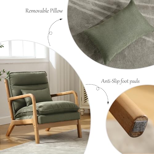INZOY Mid Century Modern Accent Chair with Wood Frame, Upholstered Reading Armchair with Waist Cushion, Double Padded Accent Chair, Side Chair for Living Room Bedroom Office, Easy Assembly, Green INZOY