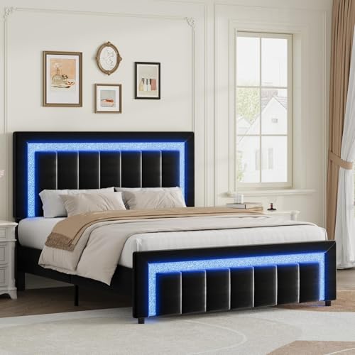 HOMBCK Full Size Bed Frame with LED Lights and Velvet Upholstered Headboard, Bed Frame Full with Modern Diamond Headboard Adjustable, Wooden Slats Support, Noise Free, No Box Spring Needed, Black HOMBCK