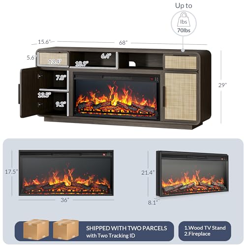 BELLEZE 68" TV Stand for TV Up to 75",Boho Entertainment Center with 36" Electric Fireplace Heater with Sound, Rattan Decorated Console Table Storage Cabinet for Living Room, Bedroom - (Brown) BELLEZE