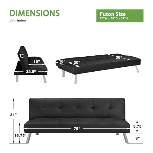 OSP Home Furnishings Kenneth Modern Button Tufted Convertible Click-Clack Futon Sofa Bed, Black Faux Leather with Chrome Legs OSP Home Furnishings