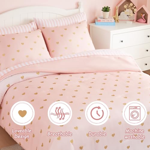 Wink Deer Twin Comforter Set with Sheets for Girls-5 Pieces Twin Bedding Sets with Pink Comforter, Sheets, Pillowcase & Sham for Kids (Pink Gold Heart, 66" X 86") Wink Deer