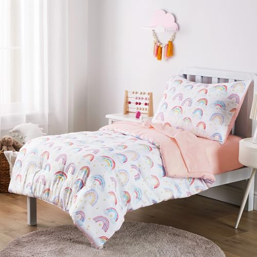 Wake In Cloud - Rainbow Toddler Bedding Set for Girls, Cute Colorful Pastel Rainbow with Clouds, 4 Pieces Soft Crib Bed Set Including Comforter, Sheets and Pillowcase, White Pink Wake In Cloud