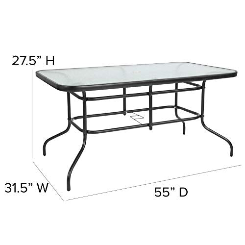 Flash Furniture Tory 31.5" x 55" Rectangular Tempered Glass Metal Patio Table with Umbrella Hole, Modern Rippled Glass Outdoor Dining Table, Black Flash Furniture
