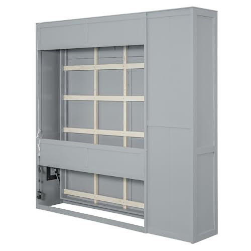Merax Full Size Murphy Bed Wall Bed with Shelves, Drawers and LED Lights,Gray Merax