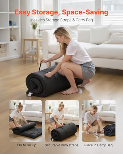 VEVOR 9-Layer Japanese Futon Mattress, 3.5" Thick Twin Tatami Mat, Foldable Roll Up Mattress for Sleeping with Storage Bag, Portable Floor Mattress for Camping Dormitory Yoga, Black VEVOR