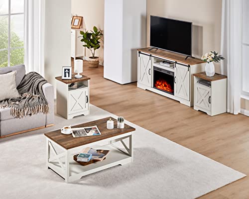 AMERLIFE 5-Piece Farmhouse Table Set Includes Fireplace TV Stand, Coffee Table& Two End Tables with Charging Station and USB Ports, for Living Room, Distressed White, 59" AMERLIFE