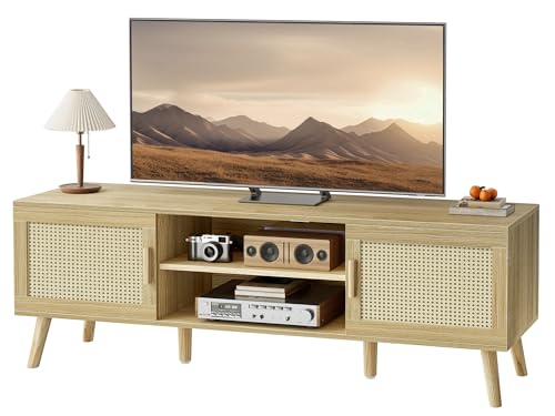 SUPERJARE Boho TV Stand for 55 Inch TV, Entertainment Center with Adjustable Shelf, Rattan TV Console with 2 Cabinets, Media Console, Solid Wood Feet, 4 Cord Holes, for Living Room - Natural SUPERJARE