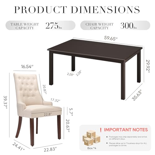 COLAMY 7-Piece Dining Table Set for 6, 60" Rectangular Kitchen Wood Table with 6 Wingback Dining Room Chairs, Brown/Beige COLAMY
